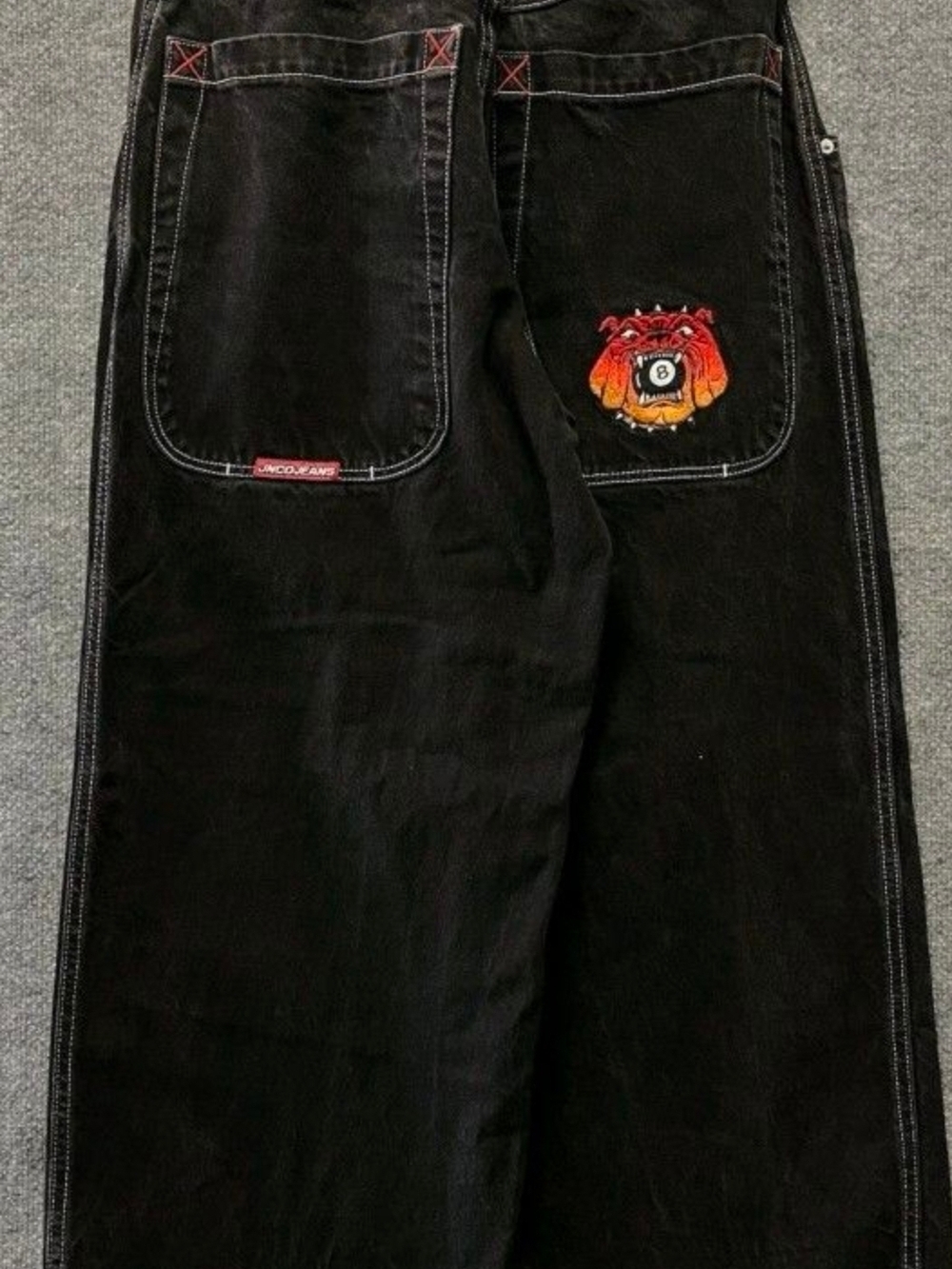 JNCO Jeans Pants Black Eight Ball Bull Dog Embroidered 90s